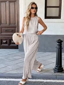 Pariaura Bộ áo khoác cardigan kẻ caro không tay và quần dài cho nữ - Màu be - Xem 7