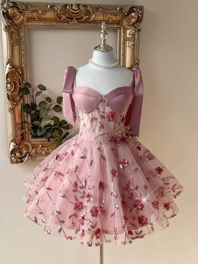 Lovelzi Elegant Romantic Cute Lotus Pink Spaghetti Strap/Shoulder Dress With Bowknot Shoulder Straps, Luxurious 3D Floral Sequins Embroidered Waist, See-Through Fishbone Tape A-Line Puff Skirt, Suitable For Graduation, Wedding, Birthday, Party, Prom, Evening Gown