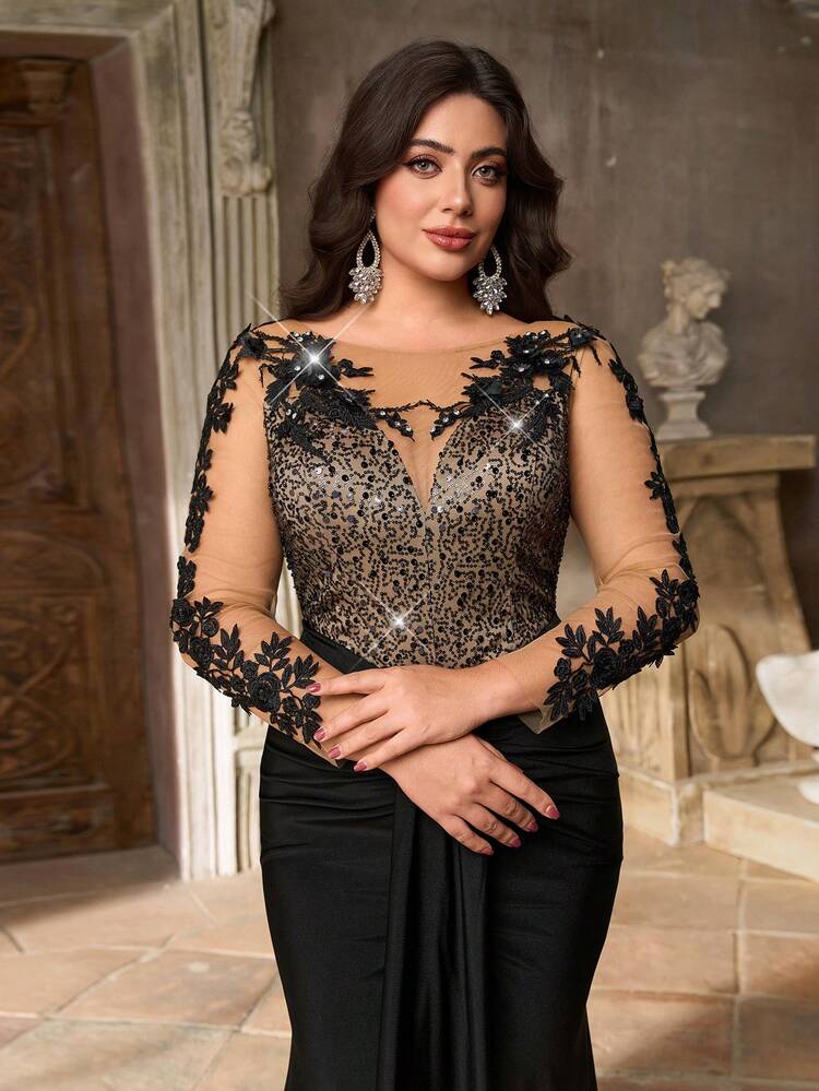 Aureia Vestido maxi de sirena elegante y lujoso de talla grande con mangas largas transparentes, bordado de lentejuelas y encaje, elástico, adecuado para bodas, fiestas de solteros, vacaciones, galas, eventos formales (con mucho adorno), Día de San Valentín - Negro - Añade 3