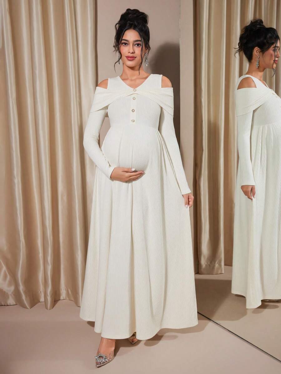 Momance Raglan Sleeve Button Front Rib-Knit A-Line Midi Dress, Spring/Autumn - Apricot - View 1