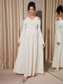 Momance Raglan Sleeve Button Front Rib-Knit A-Line Midi Dress, Spring/Autumn - Apricot - View 3