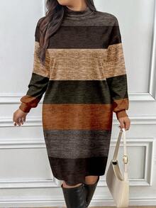 SHEIN Frenchy Plus Size Women Vintage Striped Pattern Print Turtleneck Long Sleeve Casual Dress, Suitable For Autumn, , And New Year Fall Spring,Summer/Vacation - Multicolor - View 4