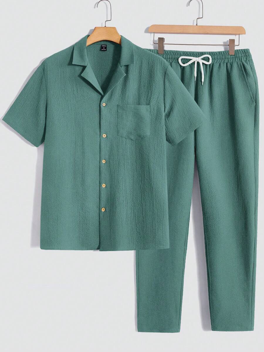Manfinity Homme 2pcs Men's Casual Solid Color Shirt & Pants Set - Green - View 1