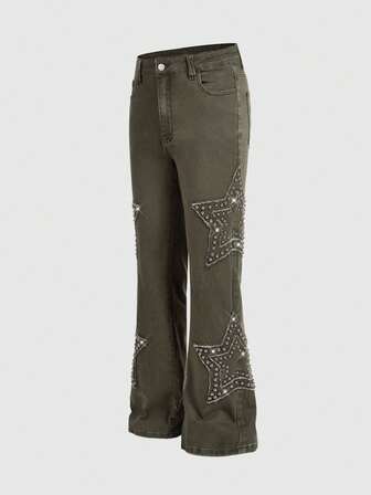 Street Life بنطلون جينز رفيع مزين باللؤلؤ أخضر للرجال