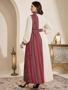 Al Najma Plus Size Women Geometric Print Patchwork Arabic Style Dress - Multicolor - View 3