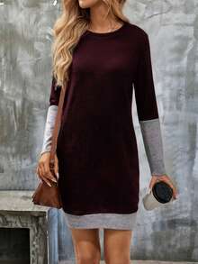 SHEIN Women's Round Neck Color Block Casual Vacation Party Long Sleeve Dress - Multicolor - View 4