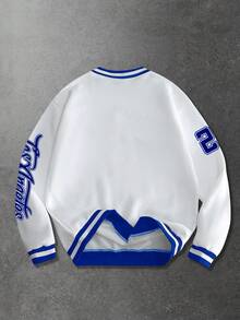 ROMWE MEN Prep Men's V-Neck Letter & Number Print Casual Versatile Commuter Long Sleeve Sweatshirt - Blue and White - View 7