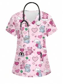 PopScrub Cartoon Bear & Heart Print Short Sleeve Nurse Scrub Top, For Women - Multicolor - View 2