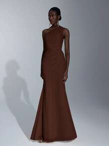 Elitara Váy voan xếp ly vai chéo thanh lịch một bên vai (Nhiều cách mặc), trang trí eo bằng vải nhún, thích hợp cho đám cưới, váy phù dâu - Cà phê nâu - Xem 5