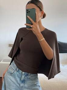 Livesso Women's Casual Loose Poncho Style Knit Sweater, Elegant Office/Commute Wear, Brown, Autumn/Spring - Brown - View 1