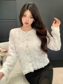 DAZY Women's Elegant Plain Textured Round Neck Blouse, Autumn/Winter - White - View 3