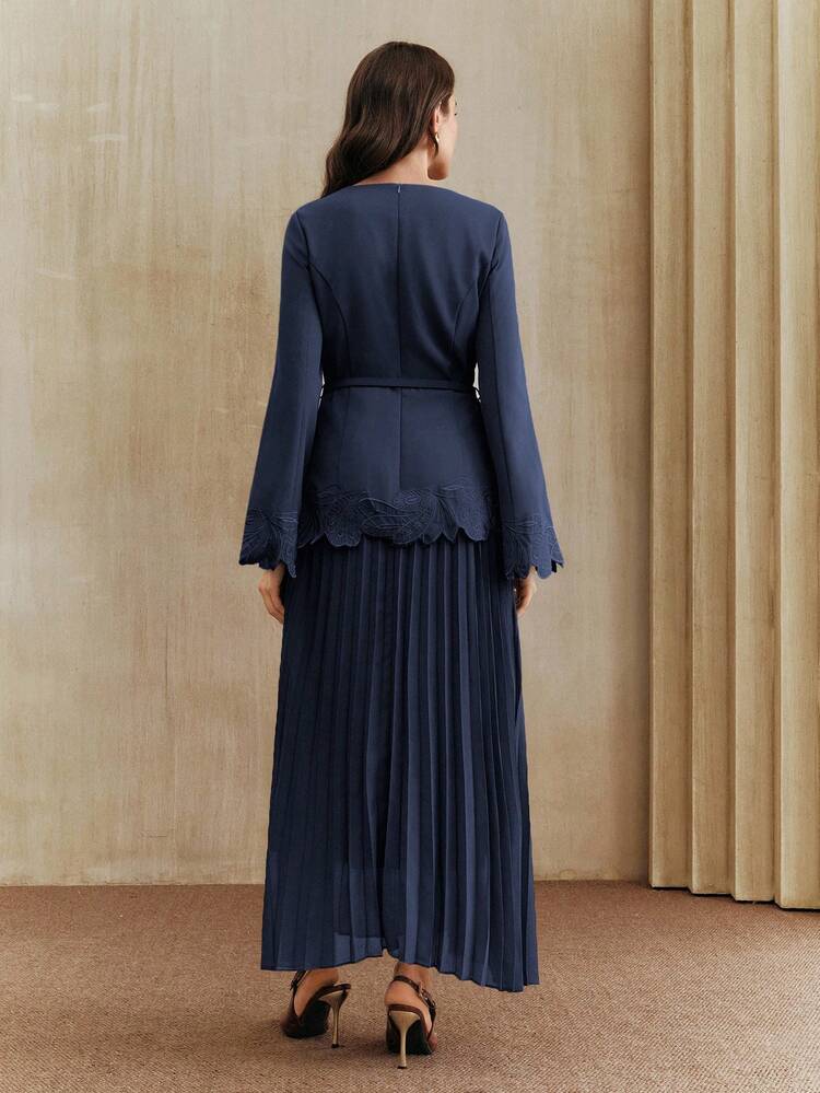 Women's Vintage Elegant Embroidered Waist Pleated Dress, Cozy Fall And Winter Clothes, Navy Blue