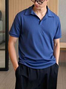 Manfinity Homme 男士纯色短袖休闲通勤 Polo 衫，蓝色短袖 Polo 衫，男士上衣，男士 Polo 衫，蓝色 Polo 衫 - 藍色 - 查看 3