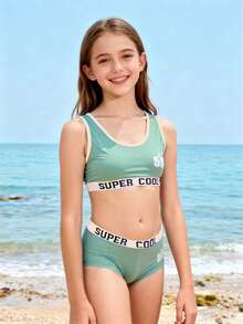 Tween Girls' Summer Beach Vacation Style Letter & Number Print Contrast Binding Tankini Swimsuit Set - Army Green - View 1