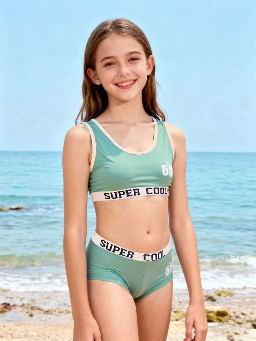 Tween Girls' Summer Beach Vacation Style Letter & Number Print Contrast Binding Tankini Swimsuit Set - Army Green - View 1