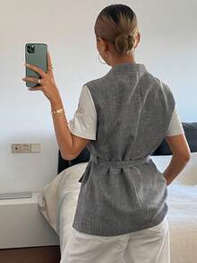 Livesso 女士宽松商务休闲无袖背心，收腰设计，金属扣装饰，时尚办公服饰，春夏款 - 灰色 - 查看 4