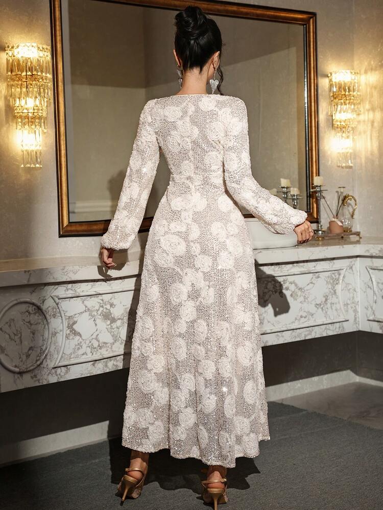 Sequin 3D Floral Fabric Fitted Waist V-Neck Long Sleeve Elegant Formal Dress For Women, Spring/Autumn