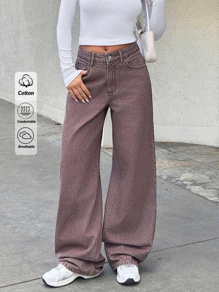SHEIN Cottnline Jeans da donna a gamba larga vita bassa stile cowgirl Y2K anni 2000 - Blu lavato medio - Visualizzare 1