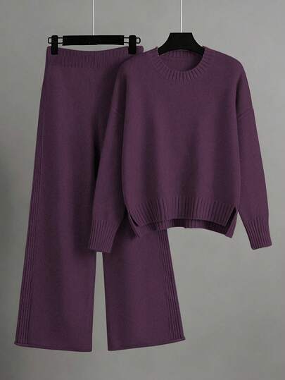 EMERY ROSE Women's Elegant Loose Long Sleeve Tie-Waist Knit Sweater And Pants Set, Plus Size, Suitable For Outings, Parties, And Wedding Guests, Autumn/Winter