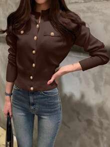 INAWLY Women's Solid Color Minimalist Everyday Button Decor Long Sleeve Cardigan - Coffee Brown - View 5