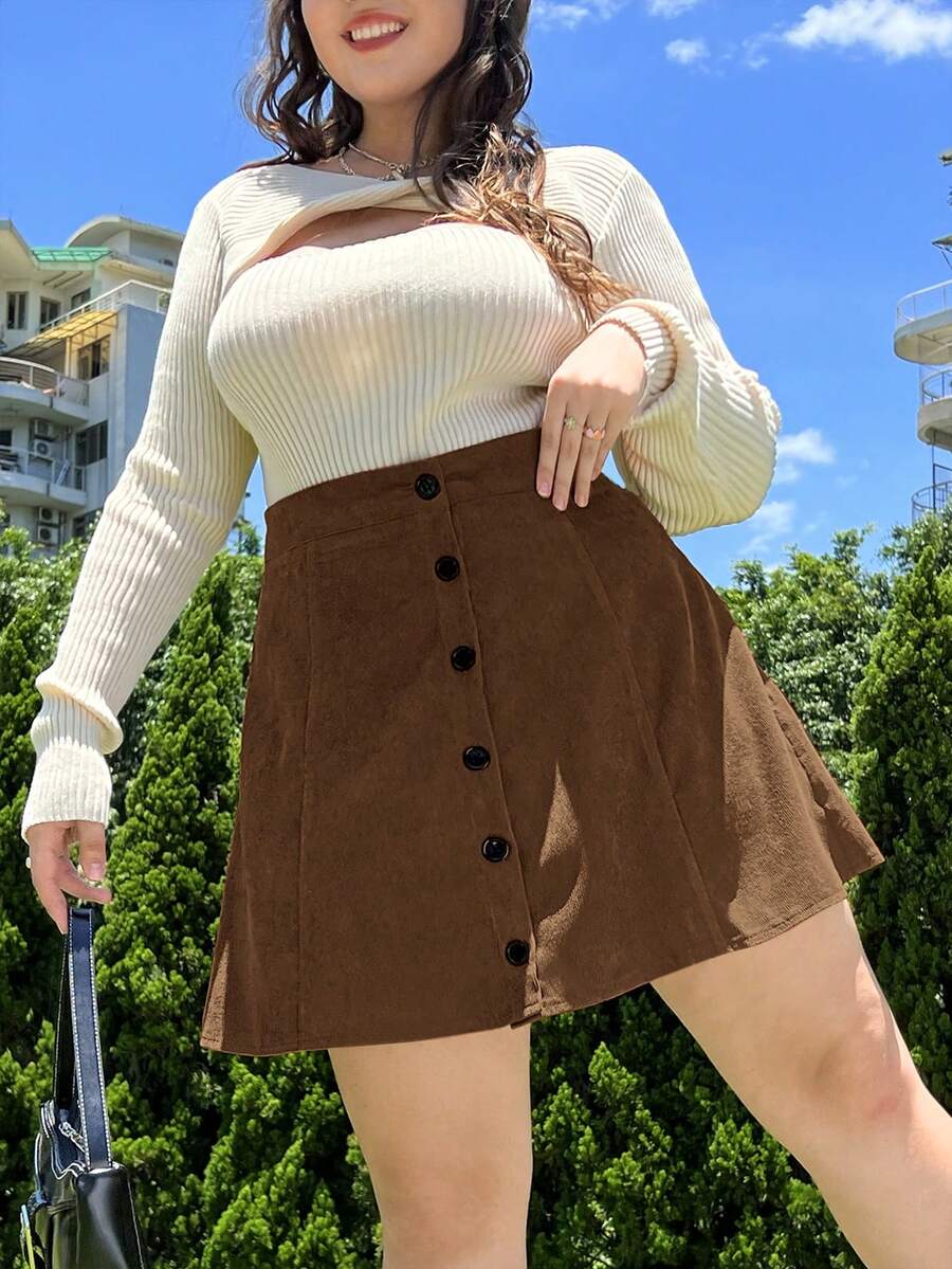 SHEIN EZwear Plus High Waist Single Breasted Corduroy Skirt, For Winter