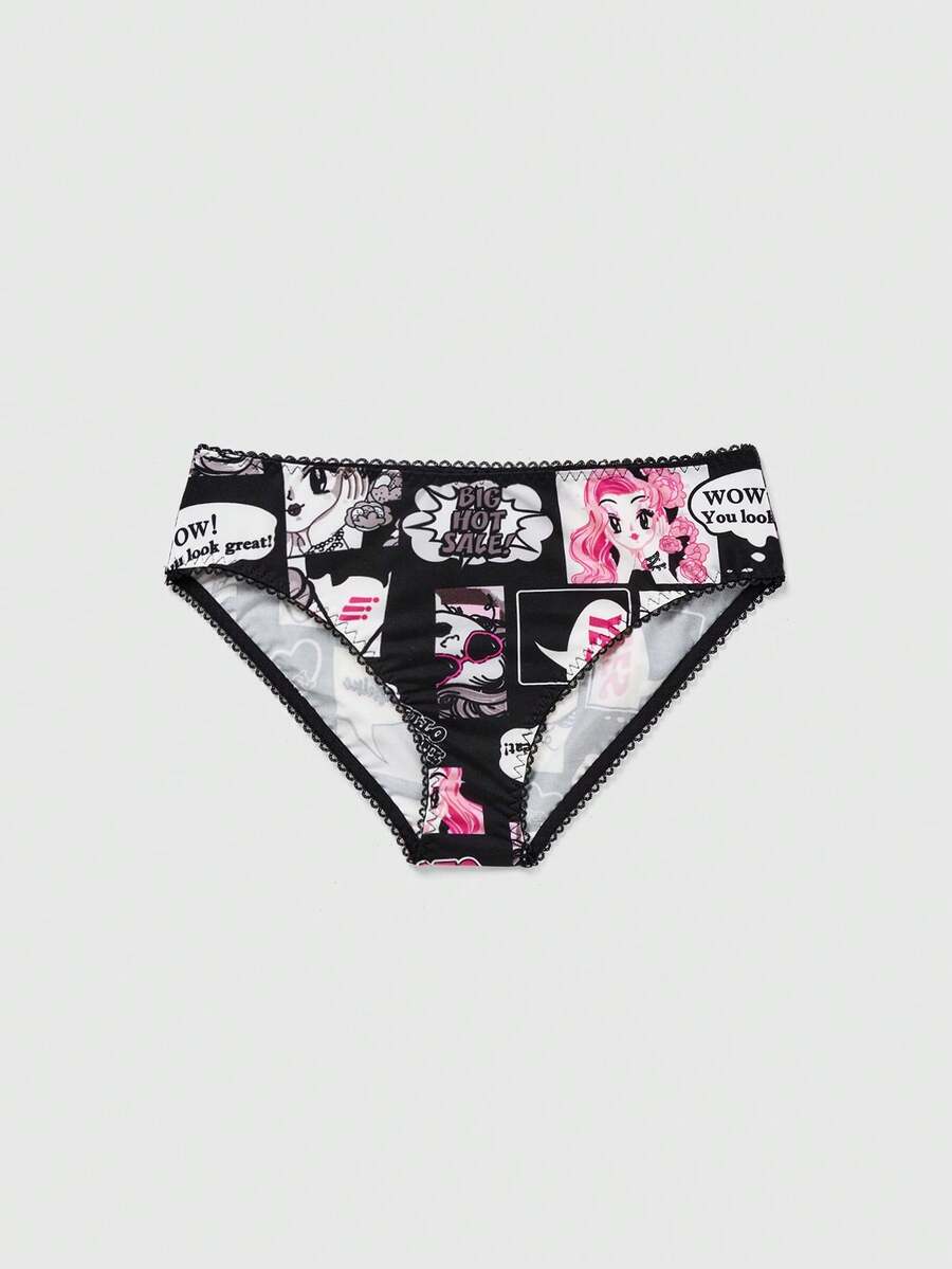 Teen Girls Comfortable Printed Lace Trim Briefs, Everyday Wear