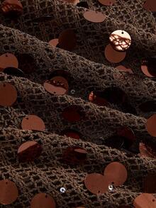 ROMWE Hippie 女士复古度假风嬉皮音乐节镂空性感串珠面料露背系带荷叶边露脐上衣 - 棕色 - 查看 3