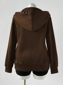 Sunspun Plus Size Women Hooded Eyelet & Ring Decor Punk Style Long Sleeve Sweatshirt - Brown - View 2