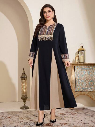 Al Najma 大码女式几何图案拼接亮片流苏优雅阿拉伯风格连衣裙