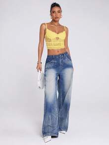 SHEIN BAE Regata Corselet de Renda Versátil e Sexy para Mulheres, Versátil para Sair, Noite de Encontro, Festa com Tema, Concertos, Réveillon, Festa de Natal - Amarelo - Visão 3