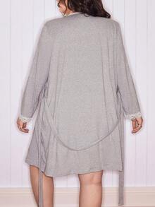 SweetSlumber 大码女士浪漫蕾丝边蝴蝶结装饰睡袍套装，适合情人节 - 灰色 - 查看 2