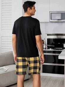 Conjunto de pijama de 2 piezas con estampado de cuadros para hombre - Negro - Ver 2