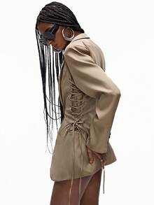 Aveloria Affinna Side Cinched Eyelet Lace-Up Adjustable Design Punk Chic Casual Versatile Women Blazer Jacket - Cadet Blue - View 6