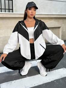 SHEIN EZwear 大碼雙色落肩袖連帽夾克