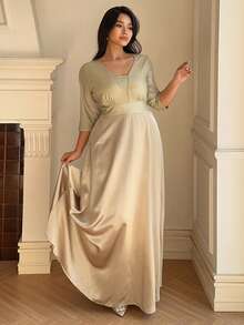 Dazy Plus Váy Maxi thanh lịch dành cho phụ nữ ngoại cỡ, phối màu, áo quấn chun có đính sequin, chân váy xòe chữ A, mùa xuân/thu - Màu Khaki - Xem 3