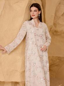 Layrah 女士新款奢华串珠网纱拼接亮片刺绣水晶薄纱双层V领纹理花卉亮片刺绣纹理面料阿拉伯风格连衣裙 - 杏色 - 查看 6