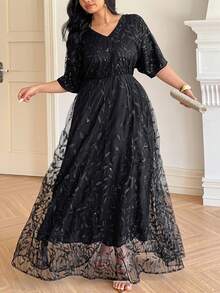 Dazy Plus Đầm maxi dài tay cổ chữ V họa tiết lá bằng chiffon dệt hoa thanh lịch dành cho nữ cỡ lớn, màu đen, thích hợp cho mùa xuân/hè, dự tiệc, lễ hội hoặc các dịp đặc biệt khác. - màu đen - Xem 3