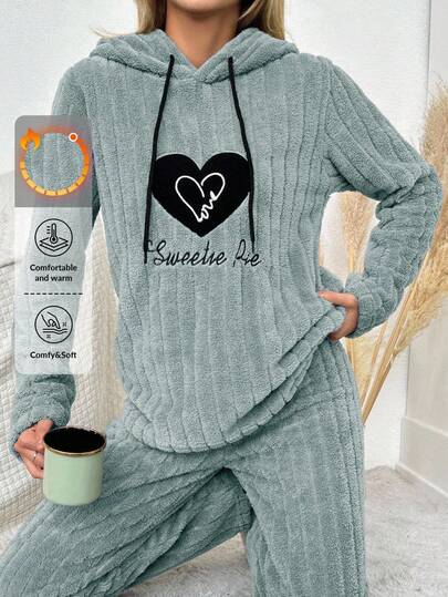 EURMUSE Felpa con cappuccio e maniche lunghe, morbida e imbottita, con ricamo di lettere e cuori, con coulisse, per donna