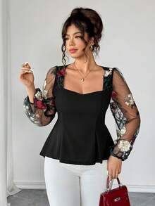 Elenzga 男士加大码短袖衬衫，优雅针织面料，网眼拼接，花卉刺绣，修身剪裁，适合办公室、下午茶等场合穿着。 - 黑色 - 查看 6