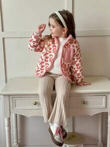 SHEIN Elladie kids 女童休闲可爱立领拉链假口袋豹纹毛绒外套，秋冬款