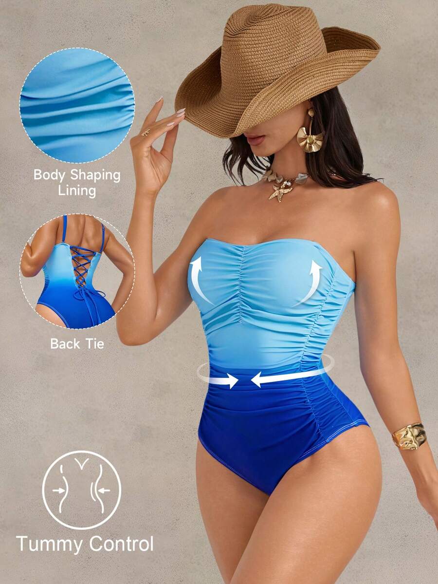 Shapewave 女士渐变蓝色褶皱露背可拆卸肩带连体塑形收腹提臀泳衣，适合度假、派对、海滩 - 彩色 - 查看 1