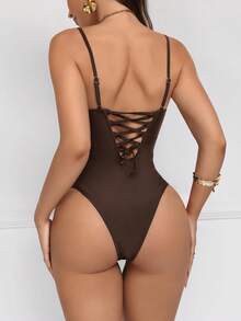 Shapewave Đồ bơi một mảnh lưới vá dây rút nâng bụng cho nữ, cổ tròn lưới màu đen - Cà phê nâu - Xem 7
