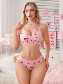 PetitDoll 女士樱桃印花舒适透气可爱风内衣套装 - 彩色 - 查看 5