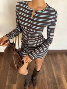 Siren Gaze Brown & Blue Striped Long Sleeve Top And Shorts Set, Spring/Autumn Casual