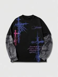 ROMWE MEN Street Life 男士哥特复古十字架印花二合一长袖T恤 - 黑色 - 查看 4