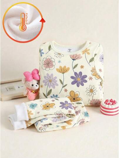 Genkimix Kids 两件套女童印花针织保暖连体衣，圆领长袖上衣和裤子，时尚贴身，适合小女孩居家穿着。奶油色花朵睡衣，温度变色印花圆领设计，奶油色春日花园色，保暖舒适面料，长袖圆领上衣搭配花朵图案长裤，社交媒体风格，春日花园春夏秋冬假日必备，小女孩居家必备套装，花朵睡衣套装，儿童长袖睡衣。