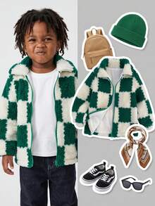 SHEIN 1 szt. Zimowa, modna, swobodna, prosta kurtka w kolorze morelowym z zielonym wzorem w kratę, z kołnierzem z futra i długim rękawem, odpowiednia do szkoły i codziennego noszenia