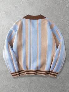 ROMWE MEN Prep Men's Jacquard Letter Embroidery Striped Loose Casual Sweater - Blue - View 2