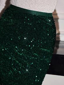 Modelyn Chân váy nhung sequin đỏ thanh lịch dành cho nữ, thích hợp cho các buổi đi chơi và tiệc tùng vào mùa thu/đông - Màu xanh lá cây đậm - Xem 3