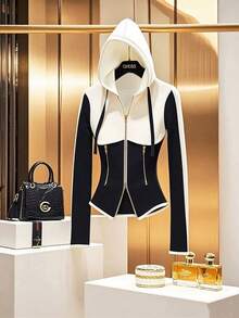 GlowEve 女士修身拼色连帽拉链长袖运动衫 - 黑與白 - 查看 7